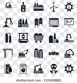 Set Of 25 transparent icons such as Machinery, Gas mask, Conveyor, Plan, Oil, Planning, Factory, Silo, Crane, Industrial robot, Switch, web UI transparency icon pack