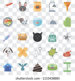 Set Of 25 transparent icons such as Platform, Pet bed, Poop, Bird, house, Glove, Shopping bag, Leash, Dog, Fish food, Cat Rabbit, web UI transparency icon pack