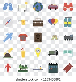 Set Of 25 transparent icons such as Tickets, Calendar, Room service, Forest, Airplane, Aqualung, Swimsuit, Gps, Mountains, Compass, Globe, Beach volleyball, web UI transparency icon pack