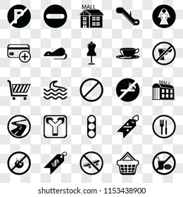 Set Of 25 transparent icons such as No food, Shopping basket, Skateboard, Price, fire, Gun, smoking, Traffic light, Roads, Cit card, Mall, Forbidden, web UI transparency icon pack