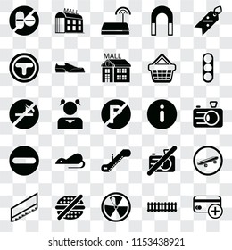 Set Of 25 transparent icons such as Cit card, Train, Radiation, No fast food, Stairs, Traffic light, Information, Escalator, Forbidden, Junction, Wifi, Mall, web UI transparency icon pack