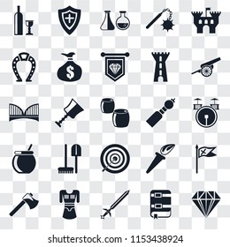 Set Of 25 transparent icons such as Jewelry, Book, Sword, Tunic, Axe, Cannon, Bladder pipe, Archery, Cauldron, Horseshoe, Alchemy, Shield, web UI transparency icon pack