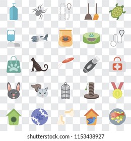 Set Of 25 transparent icons such as Fish food, Bird house, Bone, Tennis, Birdhouse, Leash, Razor, Cage, Rabbit, Water tank, Spider, web UI transparency icon pack