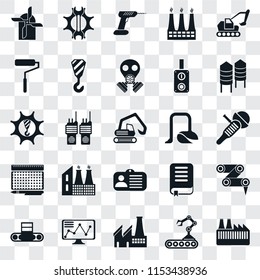 Set Of 25 transparent icons such as Factory, Conveyor, Stock, Silo, Vacuum, Id card, print, Roller, Drill, Settings, web UI transparency icon pack