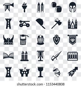 Set Of 25 transparent icons such as Lance, Crossbow, Goblet, Castle, Tower, Church, Shield, Standard, Bridge, Torch, web UI transparency icon pack