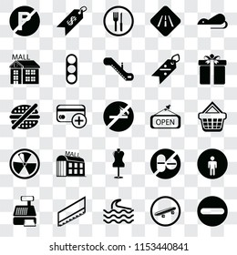 Set Of 25 Transparent Icons Such As Forbidden, Skateboard, Wave, Stairs, Cashier Machine, Gift, Open, Mannequin, Radiation, Mall, Restaurant, Price, Web UI Transparency Icon Pack