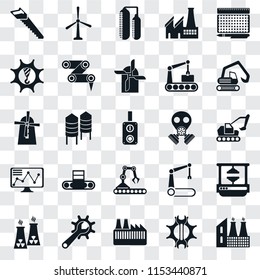 Set Of 25 transparent icons such as Factory, Settings, Maintenance, Nuclear plant, Digger, Gas mask, Conveyor, Stock, Machinery, Silo, Windmill, web UI transparency icon pack