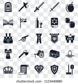 Set Of 25 transparent icons such as Tools, Shield, Jewelry, Scroll, Crown, Beer, Standard, Wheelbarrow, Tunic, Bridge, Sword, Axe, web UI transparency icon pack