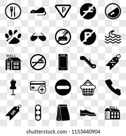 Set Of 25 transparent icons such as Mall, Shoes, Paper bag, Traffic light, Price, Wave, Escalator, Forbidden, Mannequin, No pets, Parking, Rats, web UI transparency icon pack