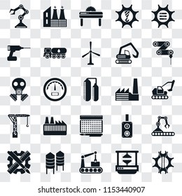 Set Of 25 transparent icons such as Settings, Machine press, Conveyor, Silo, Planning, Drilling machine, Factory, print, Crane, Drill, Saw, web UI transparency icon pack