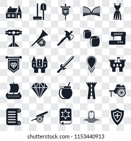 Set Of 25 transparent icons such as Shield, Coif, Spellbook, Cannon, Scroll, Sewing machine, Necklace, Cauldron, Viking ship, Pillory, Banner, Tools, web UI transparency icon pack