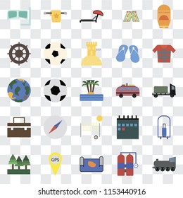 Set Of 25 transparent icons such as Railway, Aqualung, Map, Gps, Forest, Lifejacket, Minivan, Beach volleyball, Suitcase, Helm, Sunbed, Towel, web UI transparency icon pack