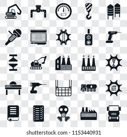 Set Of 25 transparent icons such as Truck, Factory, Gas mask, Planning, Book, Drill, Elevator, Saw, Sanding machine, Gauge, Pump, web UI transparency icon pack