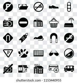 Set Of 25 transparent icons such as Bus, Cit card, Mall, Store, No camera, Wifi, Magnet, Barcode, Parking, Camera, smoking, Wallet, web UI transparency icon pack