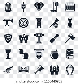 Set Of 25 transparent icons such as Horseshoe, Castle, Cup, Bridge, Cannon, Gown, Bladder pipe, Standard, Goblet, Fanfare, Jewelry, Banner, web UI transparency icon pack