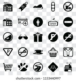 Set Of 25 transparent icons such as Cashier machine, Road, Roads, No pets, Shopping cart, Forbidden, parking, Coffee cup, Parking, Mall, Rats, Discount, web UI transparency icon pack