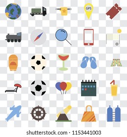 Set Of 25 transparent icons such as Oxygen, Bag, Mountains, Helm, Plane, Beach volleyball, Flip flops, Balloon, Sunbed, Railway, Towel, Trailer, web UI transparency icon pack