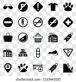 Set Of 25 transparent icons such as Falling rocks, Sale, Cit card, No pets, Location, Hospital, Mall, Traffic light, Forbidden, Warning, parking, web UI transparency icon pack