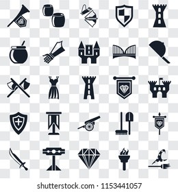 Set Of 25 transparent icons such as Witch, Torch, Jewelry, Pillory, Sword, Hat, Standard, Cannon, Shield, Cauldron, Crossbow, Beer, web UI transparency icon pack