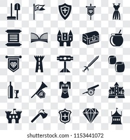 Set Of 25 transparent icons such as Tent, Jewelry, Shield, Axe, Castle, Cauldron, Sword, Tunic, Wine, Scroll, Flag, web UI transparency icon pack