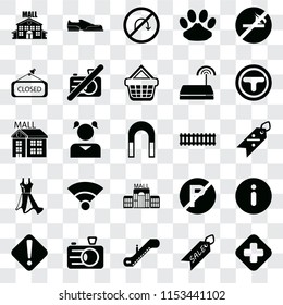 Set Of 25 transparent icons such as Hospital, Sale, Escalator, Camera, Warning, Junction, Train, Mall, Dress, Closed, No turn, Shoes, web UI transparency icon pack