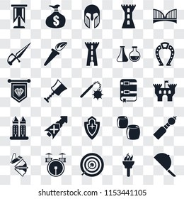 Set Of 25 transparent icons such as Hat, Torch, Archery, Drum, Crossbow, Horseshoe, Book, Shield, Tower, Dagger, Armour, Money bag, web UI transparency icon pack