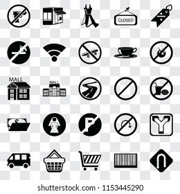Set Of 25 transparent icons such as Turn, Barcode, Shopping cart, basket, Bus, No fire, Forbidden, parking, Wallet, smoking, Dress, Store, web UI transparency icon pack
