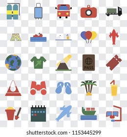 Set Of 25 transparent icons such as Snorkel, Ship, Plane, Calendar, Sand bucket, Airplane, Passport, Flip flops, Purse, Swimsuit, Bus, Suitcases, web UI transparency icon pack