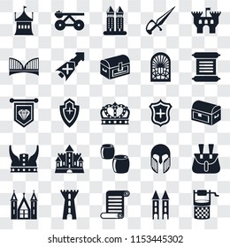 Set Of 25 transparent icons such as Water well, Tower, Scroll, Church, Shield, Beer, Viking, Bridge, Trebuchet, web UI transparency icon pack