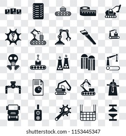 Set Of 25 transparent icons such as Machine press, Elevator, Maintenance, Switch, Truck, Conveyor, Silo, Digger, Pump, Machinery, Planning, web UI transparency icon pack