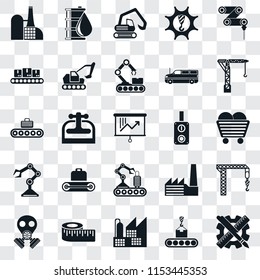 Set Of 25 transparent icons such as Planning, Conveyor, Factory, Measure, Gas mask, Crane, Switch, Robot arm, Digger, Oil, web UI transparency icon pack