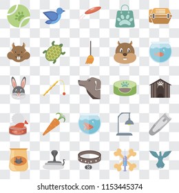 Set Of 25 transparent icons such as Bird, Treats, Collar, Snake, Cat food, Aquarium, Pet bed, Fishbowl, Hamster, Frisbee, web UI transparency icon pack