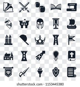 Set Of 25 transparent icons such as Scroll, Shield, Torch, Dagger, Standard, Viking ship, Tower, Lance, House, Crossbow, Beer, Swords, web UI transparency icon pack