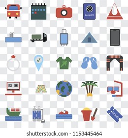 Set Of 25 transparent icons such as Tickets, Sand bucket, Water craft, Oxygen tank, Ship, Phone, Flip flops, Globe, Booking, Swimming pool, Camera, Calendar, web UI transparency icon pack