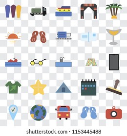 Set Of 25 transparent icons such as Camera, Flip flops, Bus, Globe, Check in, Cocktail, Swimsuit, Tent, Shirt, Sunset, Cruise, Trailer, web UI transparency icon pack