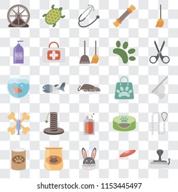 Set Of 25 transparent icons such as Snake, Frisbee, Rabbit, Cat food, Pet Scissors, Shopping bag, Spray, Treats, Shampoo, Stethoscope, Turtle, web UI transparency icon pack