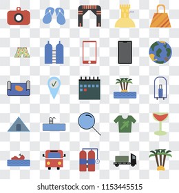 Set Of 25 transparent icons such as Palm tree, Trailer, Aqualung, Bus, Water craft, Globe, Island, Search, Tent, Swimsuit, Arch, Flip flops, web UI transparency icon pack
