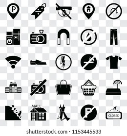 Set Of 25 transparent icons such as Closed, No parking, Dress, Mall, Falling rocks, Jeans, smoking, Tote bag, Electrical appliances, Hidden, Discount, web UI transparency icon pack