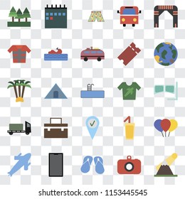 Set Of 25 transparent icons such as Mountains, Camera, Flip flops, Phone, Plane, Globe, Shirt, Check in, Trailer, Lifejacket, Swimsuit, Calendar, web UI transparency icon pack