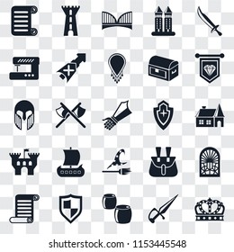 Set Of 25 transparent icons such as Crown, Dagger, Beer, Shield, Scroll, Standard, Witch, Castle, Sewing machine, Bridge, Tower, web UI transparency icon pack