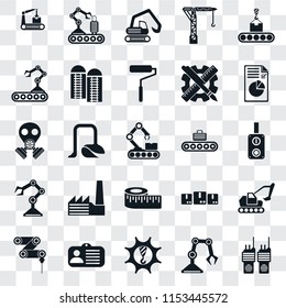 Set Of 25 transparent icons such as Walkie talkie, Industrial robot, Machinery, Id card, Drilling machine, Plan, Conveyor, Measure, Robot arm, Digger, web UI transparency icon pack