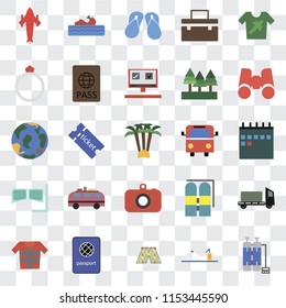 Set Of 25 transparent icons such as Oxygen tank, Room service, Swimsuit, Passport, Lifejacket, Binoculars, Bus, Camera, Snorkel, Ring, Flip flops, Water craft, web UI transparency icon pack