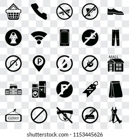 Set Of 25 transparent icons such as Dress, No wifi, Hidden, Forbidden, Closed, Jeans, fire, parking, Mall, Restroom, Skateboard, Telephone, web UI transparency icon pack