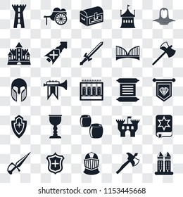 Set Of 25 transparent icons such as Tower, Axe, Helmet, Shield, Dagger, Scroll, Beer, Castle, Chest, Wheelbarrow, web UI transparency icon pack