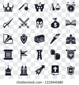 Set Of 25 transparent icons such as Shield, Bible, Lance, Tower, Tent, Bridge, Torch, Scroll, Dagger, Castle, Morning star, web UI transparency icon pack