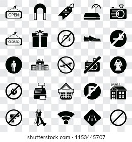 Set Of 25 transparent icons such as Forbidden, Road, Wifi, Dress, Gun, No smoking, camera, Shopping basket, fire, Closed, Discount, Magnet, web UI transparency icon pack