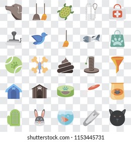 Set Of 25 transparent icons such as Cat, Nail clippers, Fishbowl, Rabbit, Glove, Shopping bag, Scratching, Pet bed, house, Snake, Turtle, Dustpan, web UI transparency icon pack