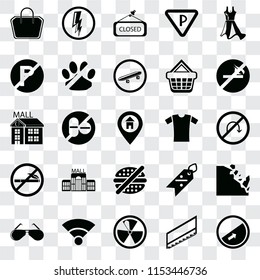 Set Of 25 transparent icons such as Slope, Stairs, Radiation, Wifi, Glasses, No smoking, Shirt, fast food, parking, Closed, Electricity, web UI transparency icon pack