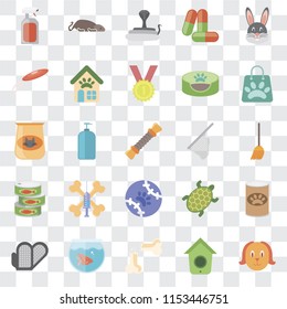 Set Of 25 transparent icons such as Dog, Birdhouse, Bone, Fishbowl, Grooming glove, Shopping bag, Net, Tennis, Canned food, Frisbee, Snake, Mouse, web UI transparency icon pack