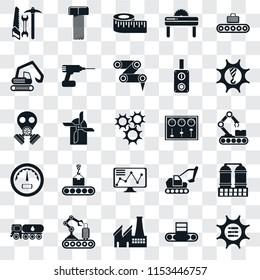 Set Of 25 transparent icons such as Options, Conveyor, Factory, Tank truck, Machinery, Control panel, Stock, Gauge, Digger, Measure, Bolt, web UI transparency icon pack